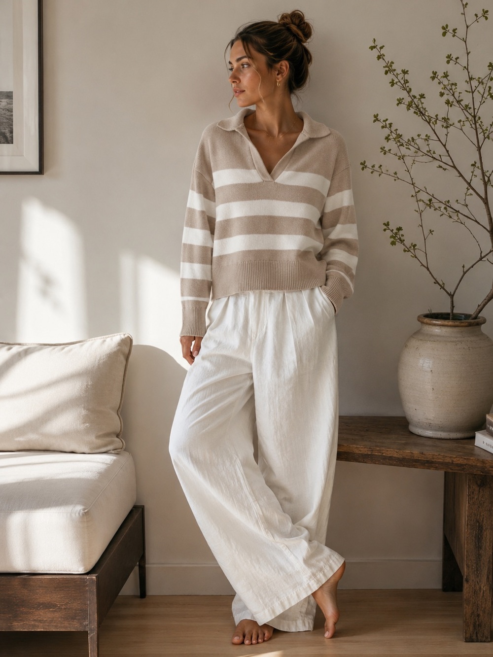 Cotton Cashmere Striped Polo Knit